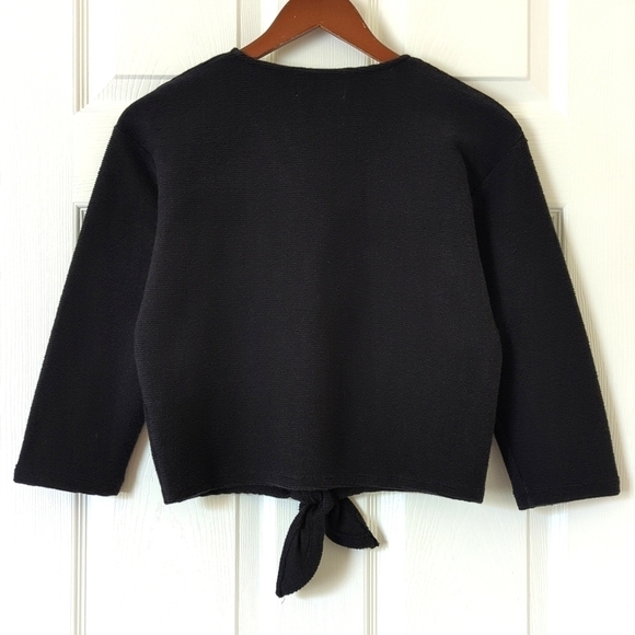 Madewell Texture & Thread Ribbed Knit Quarter Sleeve V-neck Tie Front Top Black - Picture 10 of 12